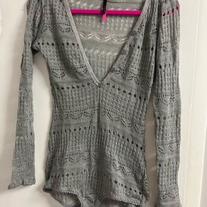 Gray Crochet Long Sleeve Bodysuit